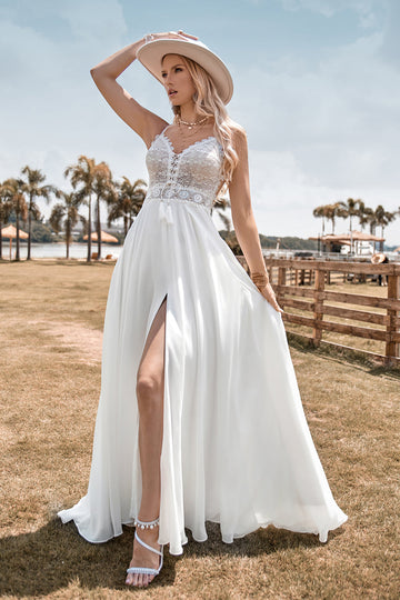 Blonder Backless Spaghetti stropper Boho brudekjole med med Slit